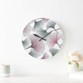 Grande Horloge Ronde Gingko biloba dessiné à la main. (Maison)