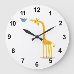Grande Horloge Ronde Girafe et oiseau mignons de bande dessinée