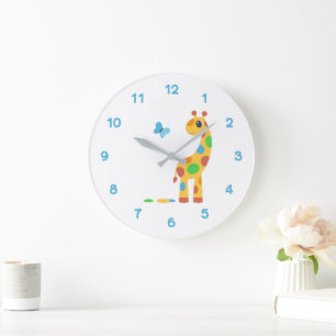 Grande Horloge Ronde Girafe et Papillon de caricatures colorées