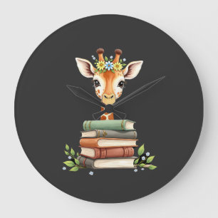 Grande Horloge Ronde Girafe Mignonne Avec Livre Floral Bibliophile Bibl
