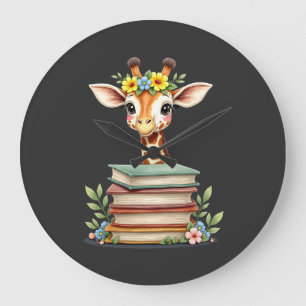 Grande Horloge Ronde Girafe Mignonne Avec Livre Floral Bibliophile Bibl