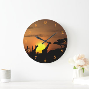 Grande Horloge Ronde Girafes à l'art d'aquarelle de coucher du soleil
