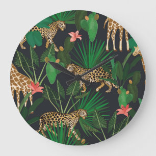 Grande Horloge Ronde Girafes, léopards, motif animal vintage.