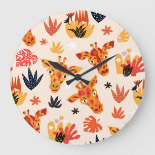Grande Horloge Ronde Giraffe de dessin : Floral Savanna Motif
