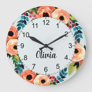 Grande Horloge Ronde Girls Cute Floral Watercolor Flowers