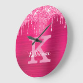 Grande Horloge Ronde Girly Hot Pink Glitter Drips Glam Monogram (Angle)