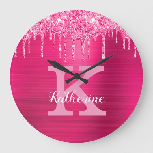 Grande Horloge Ronde Girly Hot Pink Glitter Drips Glam Monogram (Recto)
