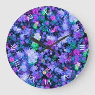 Grande Horloge Ronde Girly Pink and Purple Floral Succulents