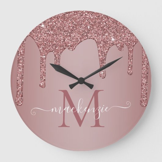 Grande Horloge Ronde Girly Rose Gold Sparkle Glitter Drips monogram (Recto)