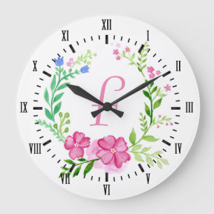 Grande Horloge Ronde Girly Watercolor Flowers Wreath & Initial Letter