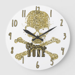 Grande Horloge Ronde Glamour blanc jusqu'à l'os Crâne paillettes dorées