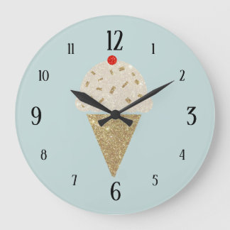 Grande Horloge Ronde Glitter Ice Cream Cone Red Cherry on Blue