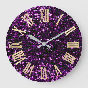 Grande Horloge Ronde Glitter Metallic Roman Numbers Purple Plum Gold