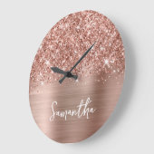 Grande Horloge Ronde Glitter Rose Gold Glam White Script Nom (Angle)