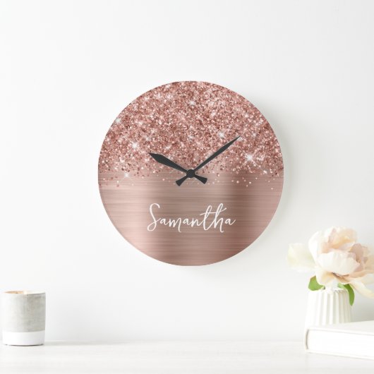 Grande Horloge Ronde Glitter Rose Gold Glam White Script Nom (Maison)