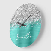 Grande Horloge Ronde Glittery Silver Turquoise Glam White Script Nom (Angle)