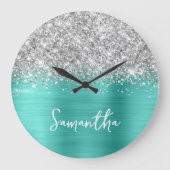 Grande Horloge Ronde Glittery Silver Turquoise Glam White Script Nom (Recto)