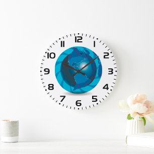 Grande Horloge Ronde Globe terrestre moderne bleu carte du monde