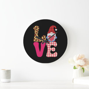 Grande Horloge Ronde Gnome de l'amour Saint Valentin Rouge Plaid Buffal