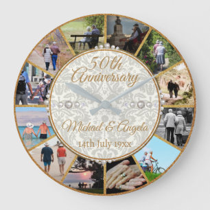 Grande Horloge Ronde Gold 50e anniversaire Mariage photo personnalisée