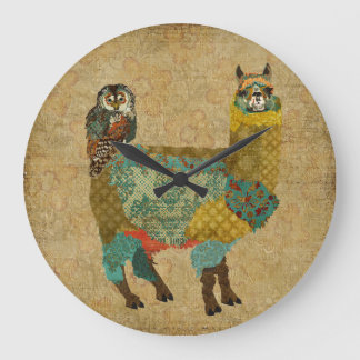 Grande Horloge Ronde Gold Alpaca & Teal Owl Wall Clock