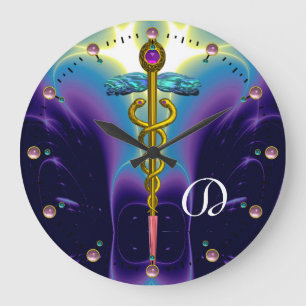 Grande Horloge Ronde GOLD CADUCEUS Medical Symbol Blue Purple Monogram