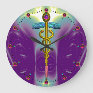 Grande Horloge Ronde GOLD CADUCEUS Medical Symbol Purple Green Teal