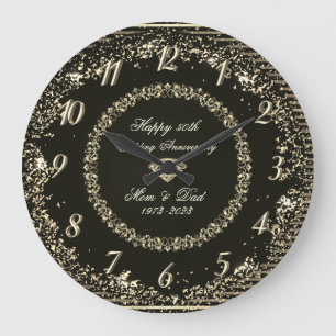Grande Horloge Ronde Gold Confetti Bandes Black 50 Mariage Anniversaire