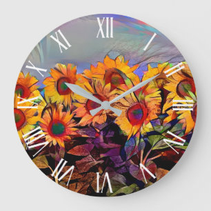 Grande Horloge Ronde Gold Field Of Sunflowers Élégante Collection