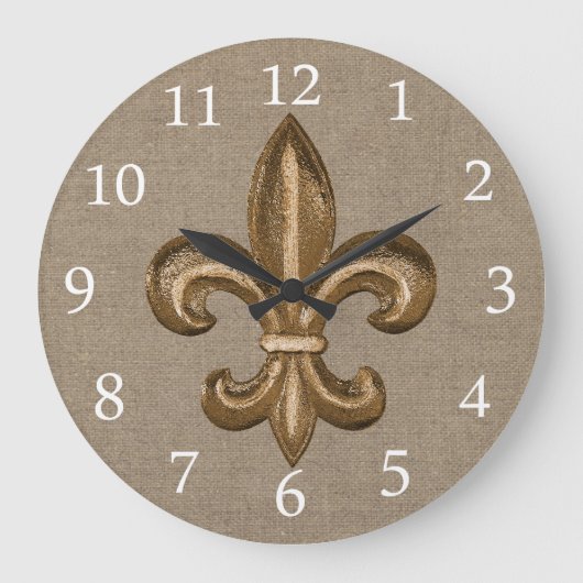 Grande Horloge Ronde Gold Fleur de Lis Faux Burlap (Recto)
