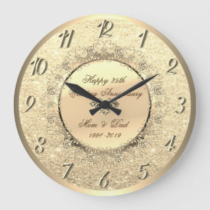 Grande Horloge Ronde Gold Glitter Floral 25th Wedding