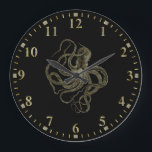 Grande Horloge Ronde Gold octopus on black<br><div class="desc">Gold tones octopus on a black background. Simple and elegant design. sparkling gold and white numerals.</div>