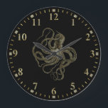 Grande Horloge Ronde Gold octopus on black<br><div class="desc">Gold tones octopus on a black background. Simple and elegant design. sparkling gold and white numerals.</div>