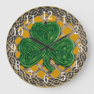 Grande Horloge Ronde Gold Shamrock and Celtic Knots Round Clock