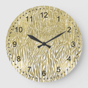 Grande Horloge Ronde Gold Sparkle Faux Glitter Zebra