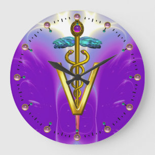 Grande Horloge Ronde GOLDEN CADUCEUS VETERINARY SYMBOLE / Blue Purple