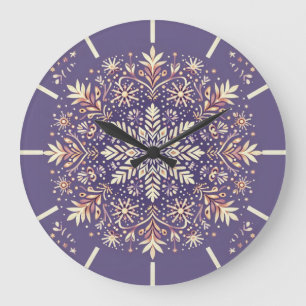 Grande Horloge Ronde Golden Floral Snowflake Mandala