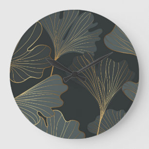 Grande Horloge Ronde Golden Ginkgo : Luxueux Déco Floral.
