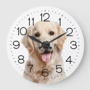 Grande Horloge Ronde Golden Retriever sur blanc