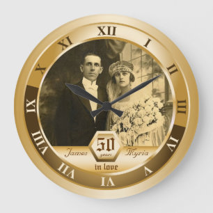 Grande Horloge Ronde Golden Wedding Anniversary Customizable Photo pois