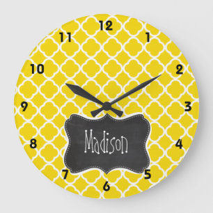 Grande Horloge Ronde Golden Yellow Moroccan Quatrefoil; chalkboard look