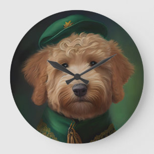 Grande Horloge Ronde Goldendoodle chien en robe de la Saint-Patrick