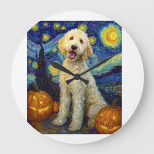 Grande Horloge Ronde Goldendoodle Chien Mignon Halloween Jack O Lantern