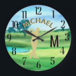 Grande Horloge Ronde Golf Course Nom personnalisé 3-D Monogramme<br><div class="desc">Une horloge murale unique sur mesure pour amoureux du golf - fait avec goût - prêt à courir le terrain - pittoresque - golfeur en action - et personnalisez avec un monogramme personnalisé à deux tons ainsi que leur nom. C'est un grand cadeau pour tous les amateurs de golf messieurs...</div>