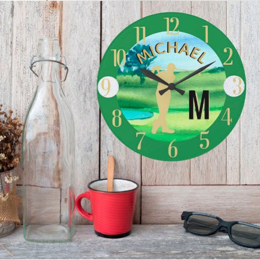 Grande Horloge Ronde Golf Course Nom personnalisé 3-D Monogramme