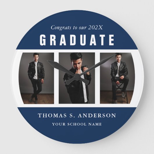 Grande Horloge Ronde Graduation Photo Collage Blue and White Custom (Recto)