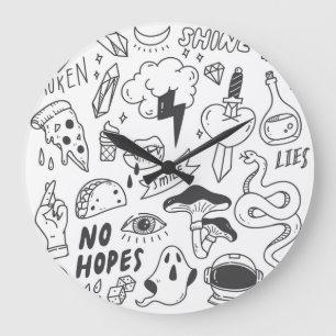 Grande Horloge Ronde Graffiti mignon : Doodle Art Set.