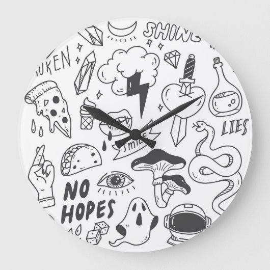 Grande Horloge Ronde Graffiti mignon : Doodle Art Set. (Recto)