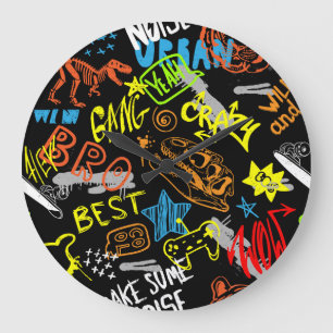 Grande Horloge Ronde Graffiti pour garçons : Coolness dessiné à la main
