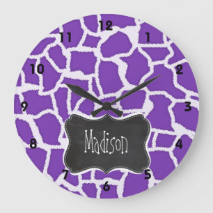 Grande Horloge Ronde Grape Purple Giraffe Animal Print; Chalkboard look